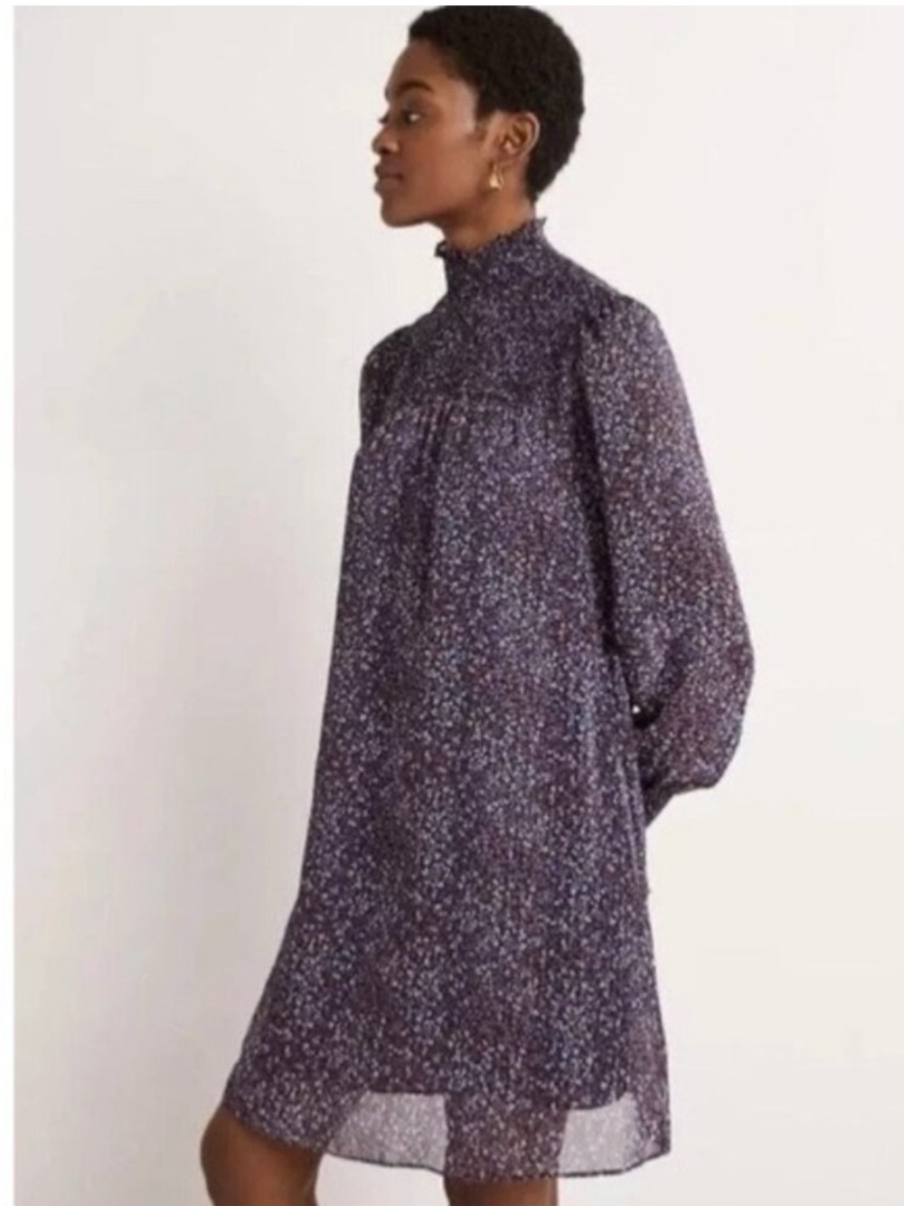 Boden Purple Ditsy Floral Smocked Yoke Mock Neck Mini Dress Size 14
